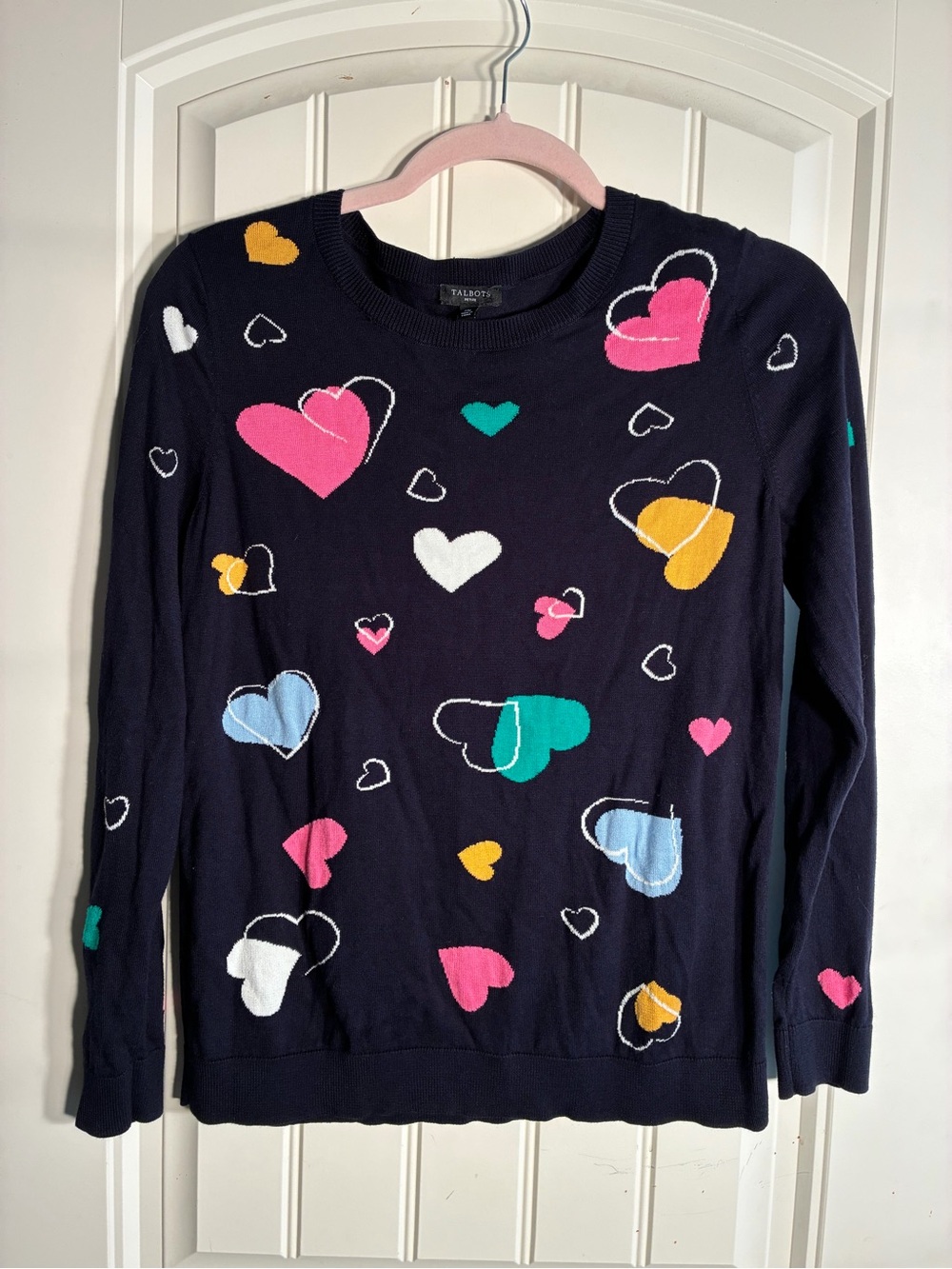 Talbots Navy Crewneck Sweater with Multicolor Heart Motif women’s M petite
